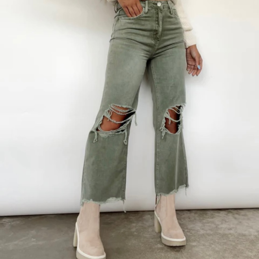 Lane201 Army Green Cropped Flare Denim